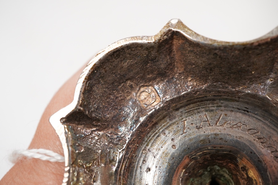 A George II silver taperstick, maker probably Richard Gosling, London, 1738, 99mm, engraved 'I. Alexander' to the base.